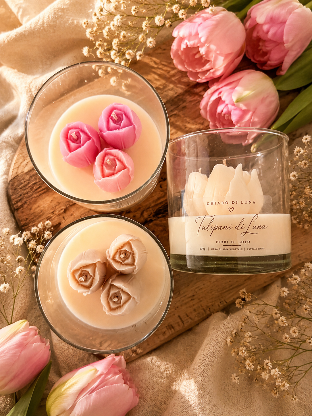 Tulipani di Luna – Candela artigianale con tulipani in cera
